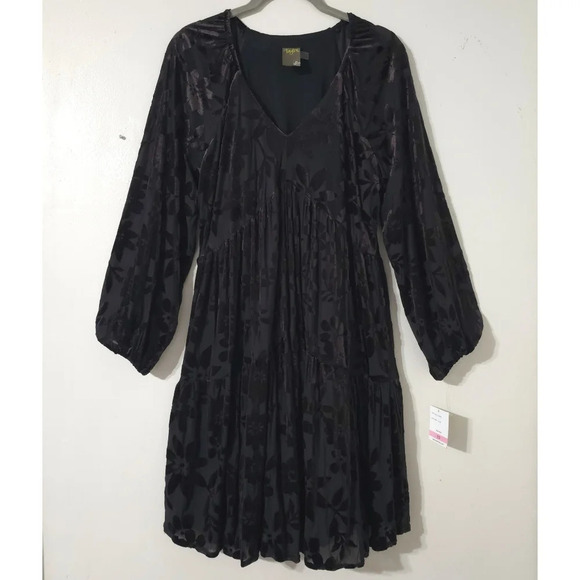 TAYLOR Long Sleeve Black Burnout Velvet Floral Empire Waist Dress, Tiered Skirt - Picture 2 of 16